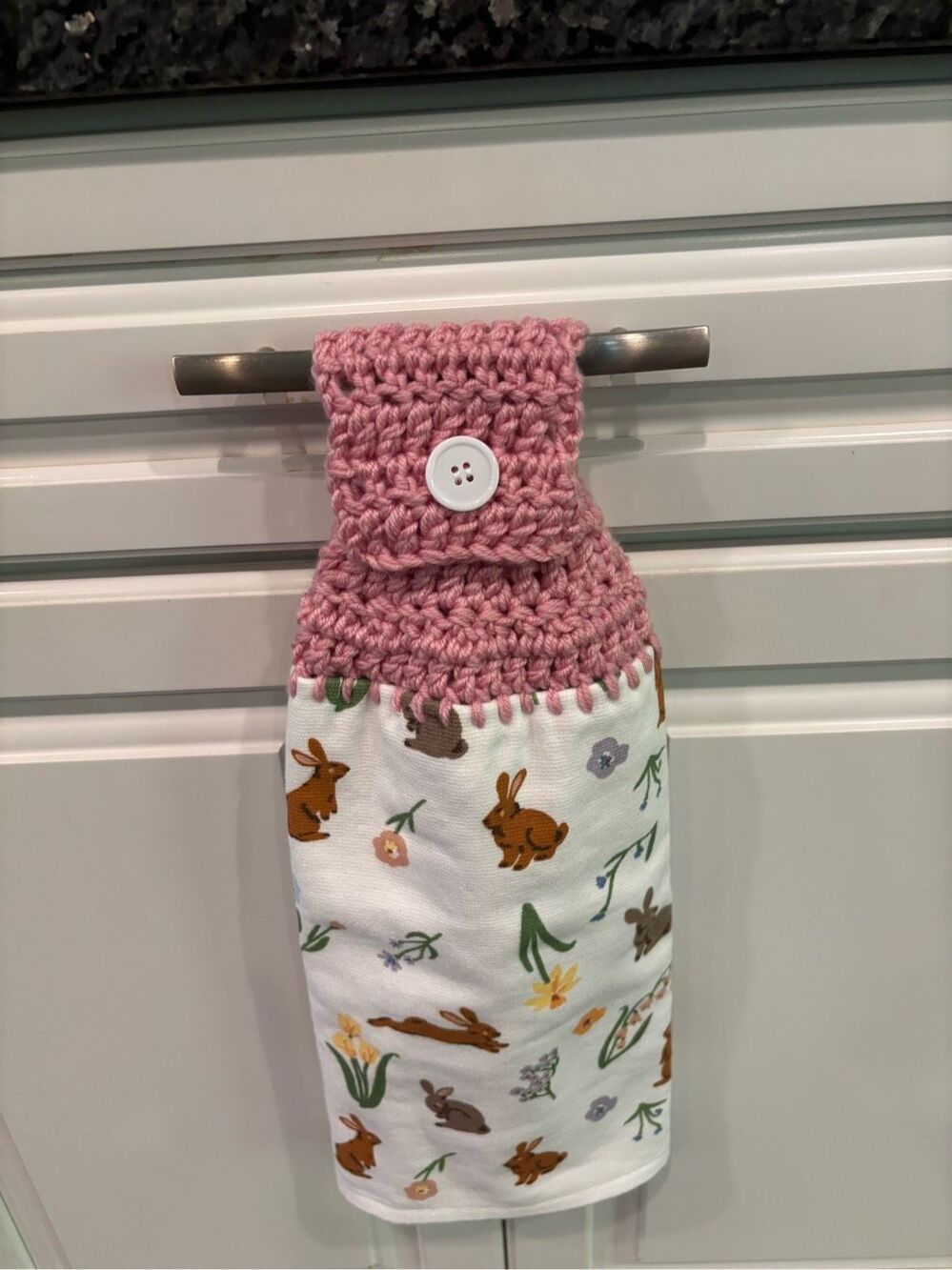 Crochet Top Kitchen Towel-Small bunnies w/flowers